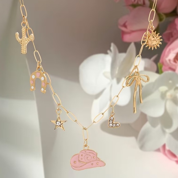 Untitleddesign-2024-11-  NEW Western Bohemian Horse Bow Horseshoe Gold Charm Necklace with Pink Accents